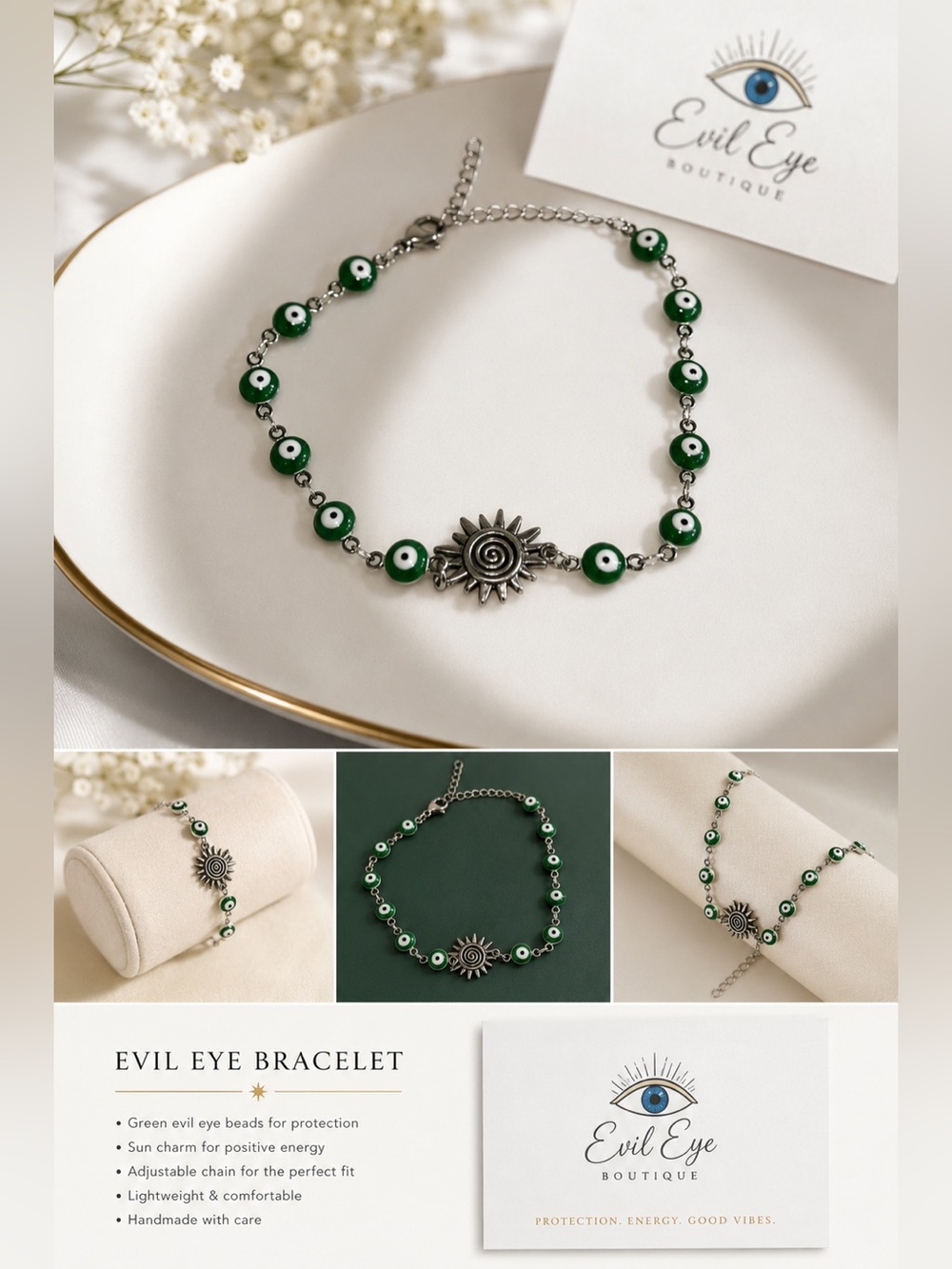 Green Beaded Sun Charm Bracelet